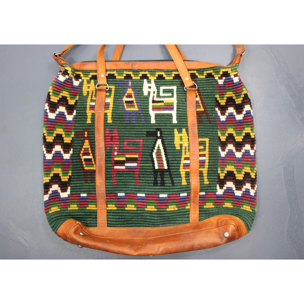 Vintage Handmade Woven Tote Bag Leather Trim Boho Guatemala Alpaca Wool Travel - Picture 7 of 14